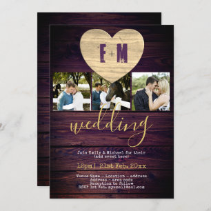 Rustique PHOTO Mariage Invitations Purple Gold