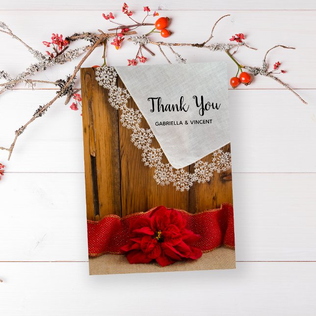 Rustique Poinsettia Hiver Grange Mariage Merci (Show your gratitude after your December celebration event with this festive thank you note.)