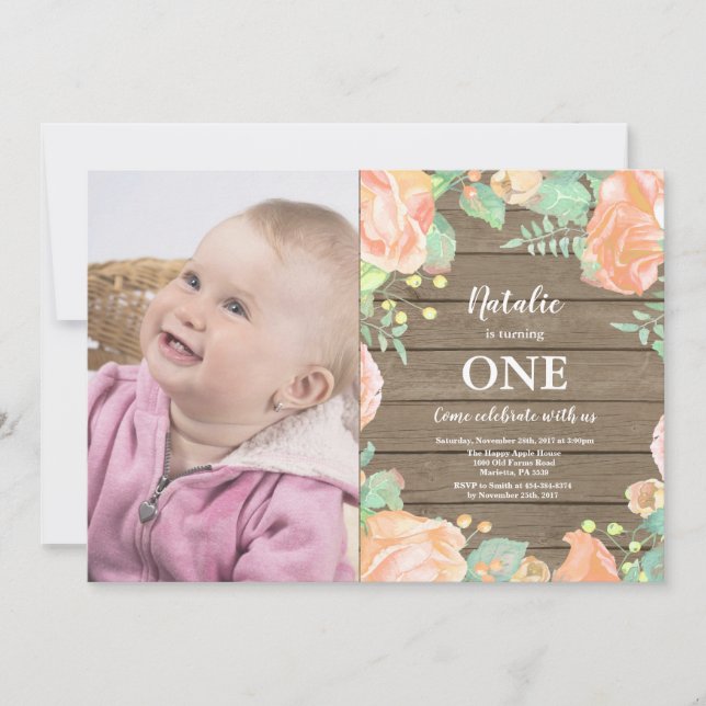 Rustique premier anniversaire Invitation Peach Flo (Devant)