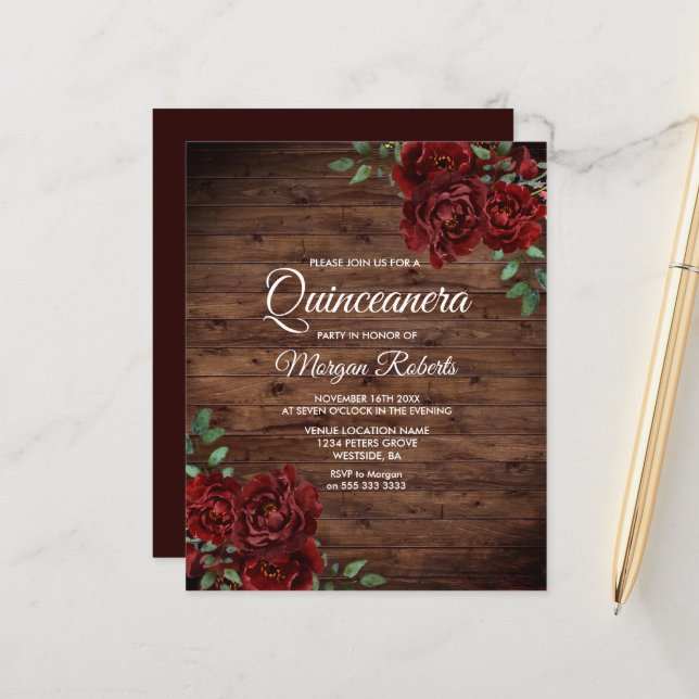 Rustique romantique Rouge Rose Quinceanera Invitat (Devant/Arrière en situation)