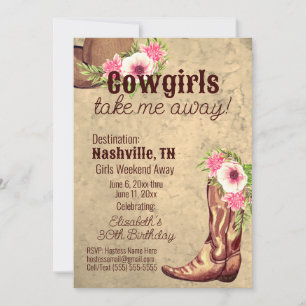 Rustique, Rose, Floral, Cowgirl, Invitation 2 côté