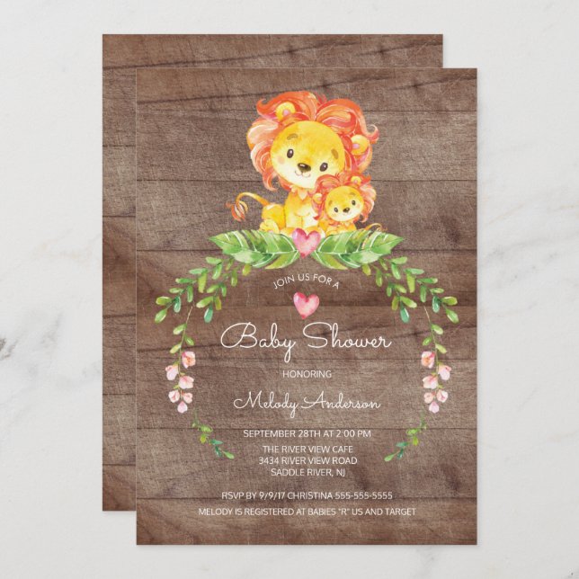 Rustique Safari Jungle Lion Baby shower Invitation (Devant / Derrière)