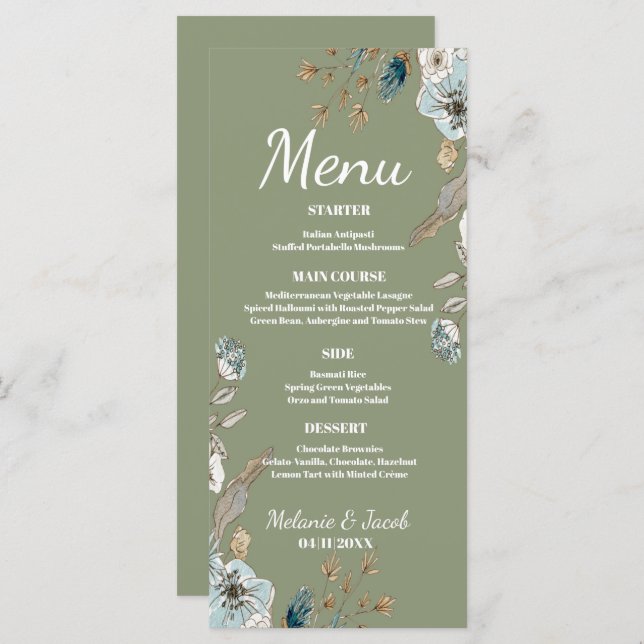 Rustique Sage floral 4x9 plat mariage Menu (Devant / Derrière)