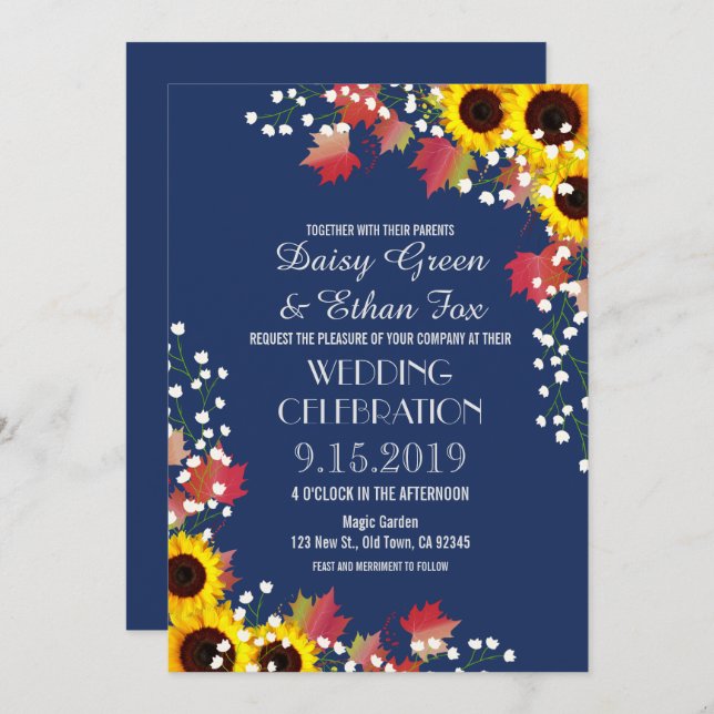 Rustique Sunflower Navy Blue Wedding Invitations (Devant / Derrière)