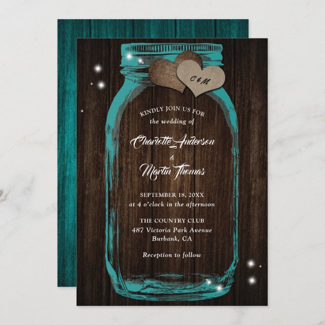 Rustique Turquoise Mason Jar Invitations de mariag (Devant / Derrière)