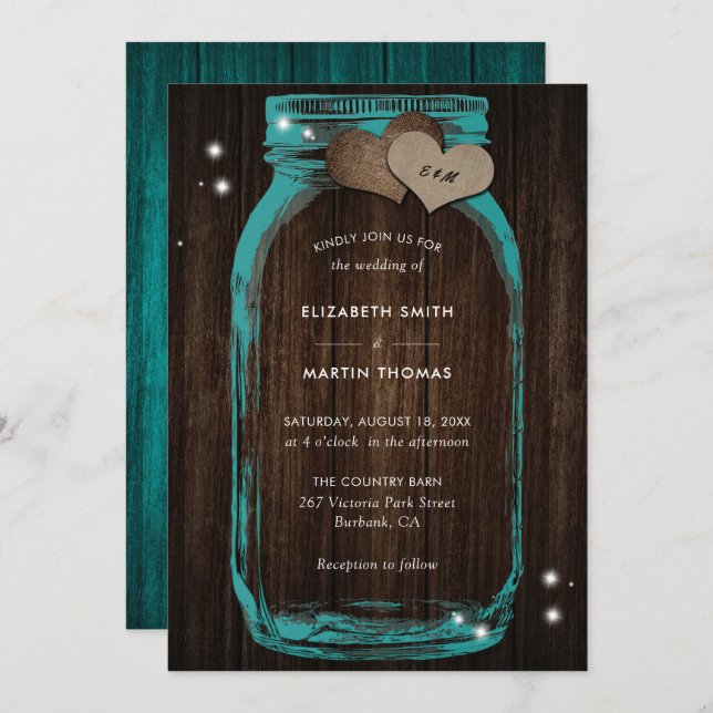 Rustique Turquoise Mason Jar Invitations de mariag (Devant / Derrière)