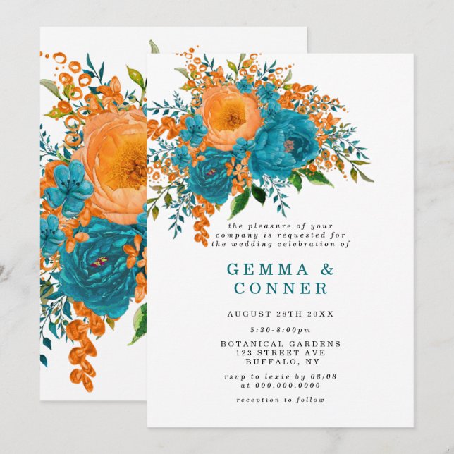 Rustique Turquoise Orange Aquarelle Mariage Floral (Devant / Derrière)