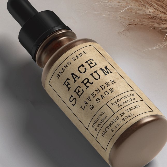 Rustique Vintage 2 OZ 60ml Étiquette bouteille cos (Vintage brown paper effect skincare bottle wrapper labels with rustic fonts)