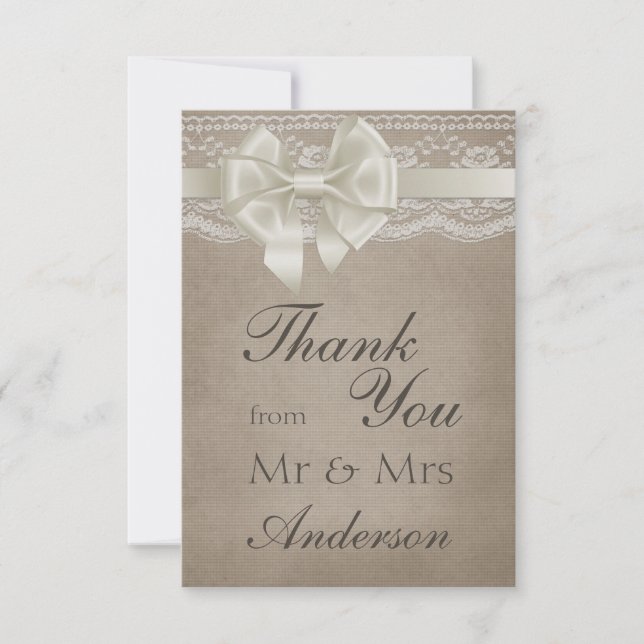 Rustique Vintage Burlap & dentelle Mariage Merci (Devant)