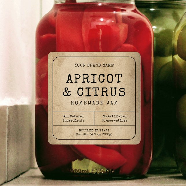 Rustique Vintage maison Jam Jar Carré Étiquette (Rustic brown paper effect square product labels suitable for large preserve & pickle jars)