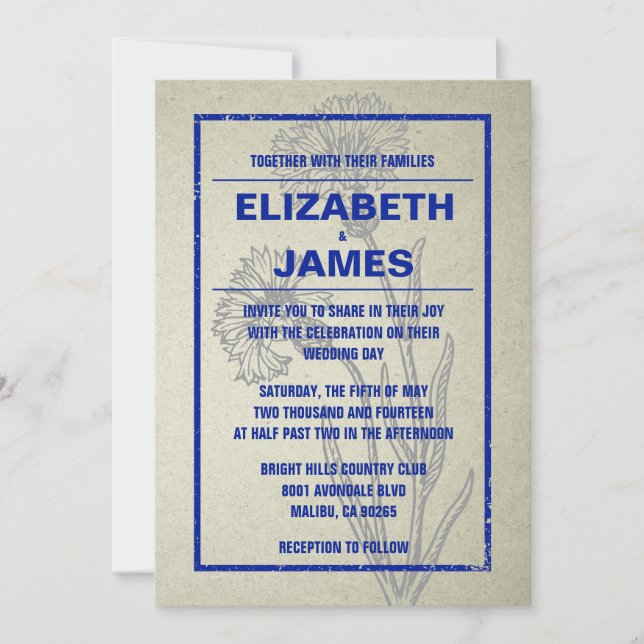 Rustique Vintage Navy Blue Wedding Invitations (Devant)