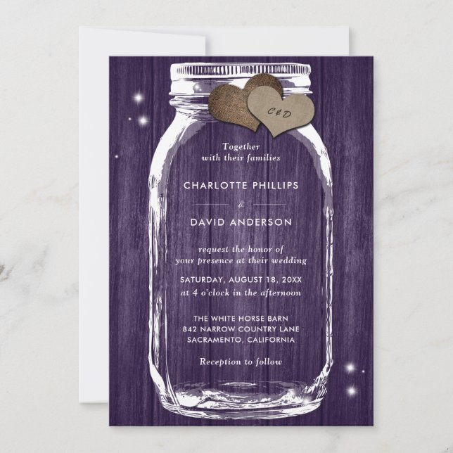 Rustique Violet Bois Mason Jar Invitations de mari (Devant)