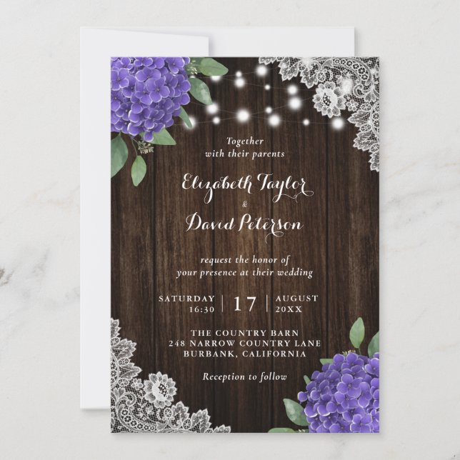 Rustique Violet Hydrangea Invitations de mariage (Devant)