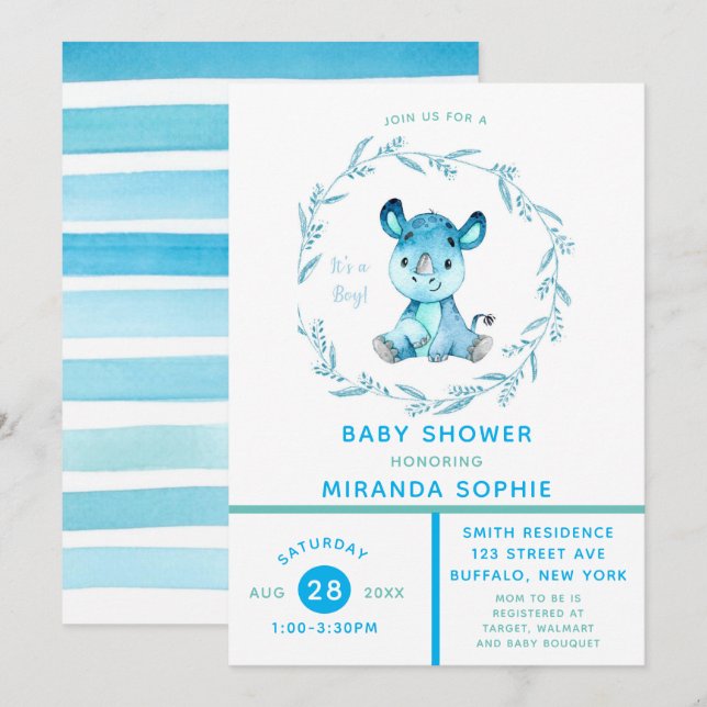 Rustique Woodland Rhino Boy Baby shower Invitation (Devant / Derrière)