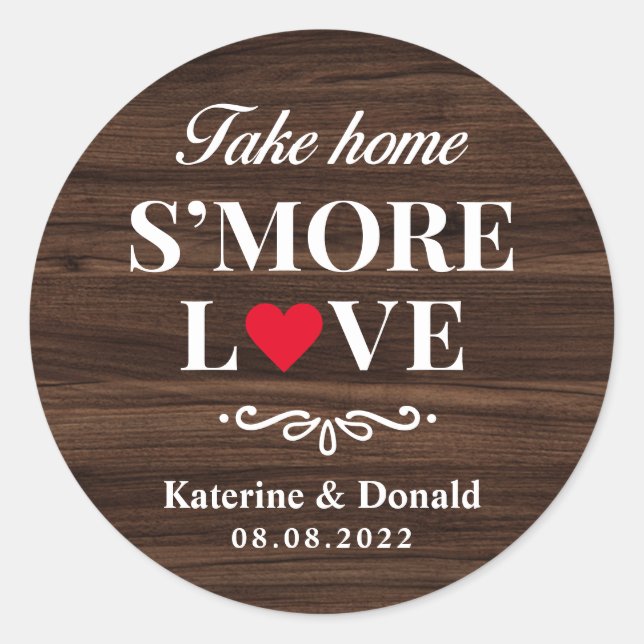 S’more Love Mariage Rustic Wood Round Sticker (Devant)