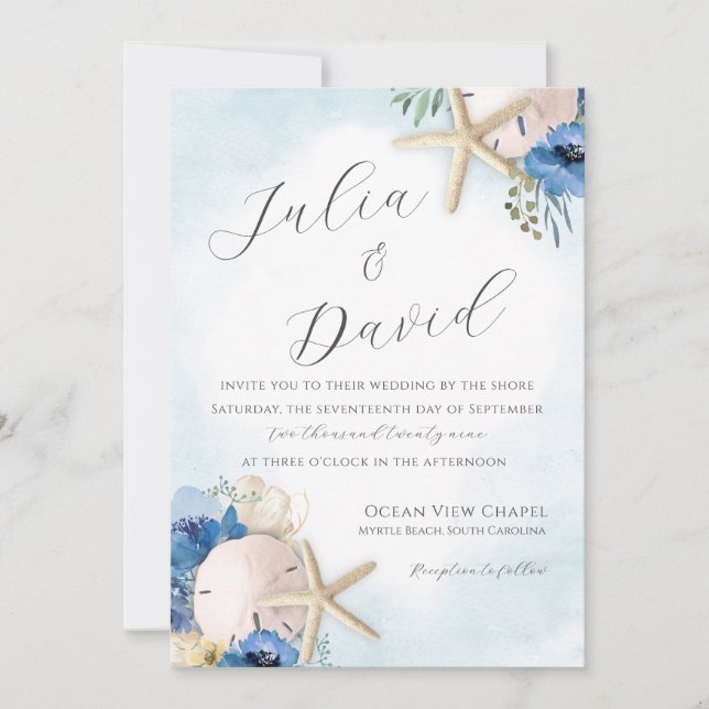 Sable Dollar Blue Floral Beach Mariage Invitation (Devant)