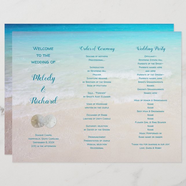 Sable Dollars Plage Scène Tri-Fold Wedding Program (Devant / Derrière)