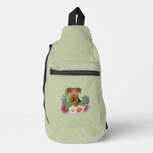 Sac À Bandoulière Airedale Terrier Et Fleurs Colorées D'été Vertes