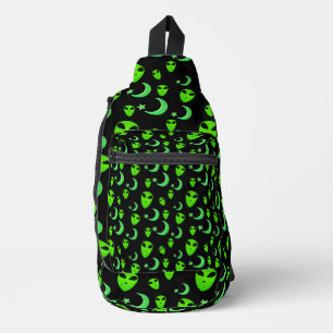 Sac À Bandoulière Aliens lumineux, croissant de lune et étoiles sur