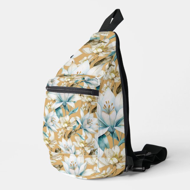 Sac À Bandoulière Aquarelle botanique bleu blanc lily floral (Coin droit)