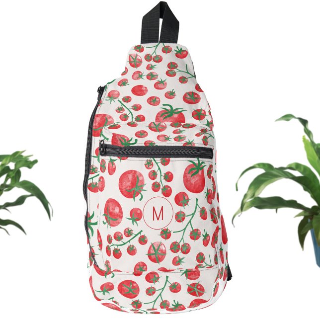Sac À Bandoulière Aquarelle de tomate Monogramme méditerranéen initi (Monogram initial personalized watercolor tomato print Mediterranean summer sling bag backpack)