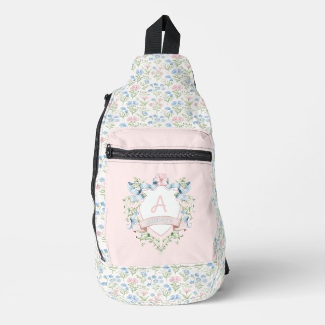 Sac À Bandoulière Bébé Bleu et rose Grandmillennial Ribbon Crest (Recto)