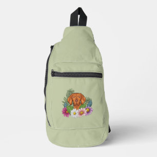 Sac À Bandoulière Braque hongrois et fleurs colorées d'été vertes