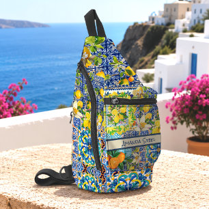 Sac À Bandoulière Carreaux floraux de citrouille siciliens turquoise