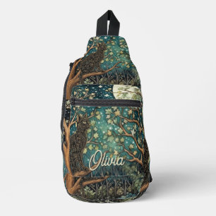 Sac À Bandoulière Chat boho ciel nocturne étoilé forêt boisée