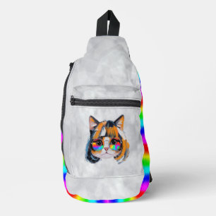 Sac À Bandoulière Chat dans une perruque + Lunettes de soleil (Peint