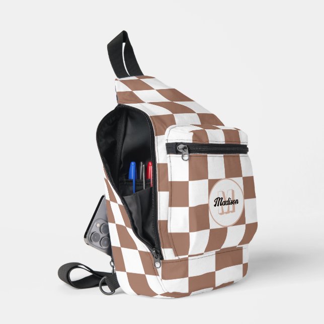 Sac À Bandoulière Chèque carré mocha brun blanc rétro Monogramme (Ouvrir)