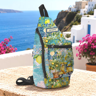 Sac À Bandoulière Chic Carrelage Floral Citron Sicilien Bleu Collage