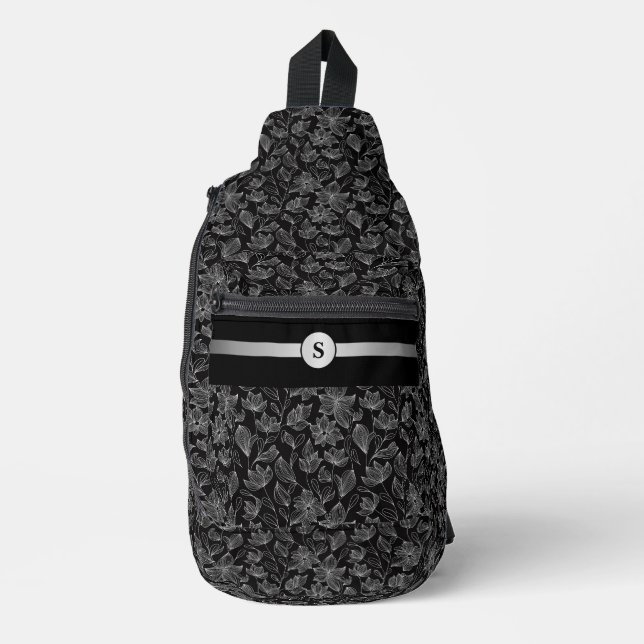 Sac À Bandoulière Chic Floral noir et blanc Personnalisé (Recto)