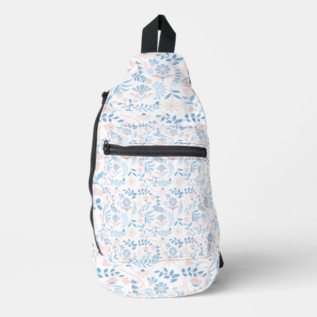 Sac À Bandoulière Conception florale boho impression bloc bleu rose  (Recto)
