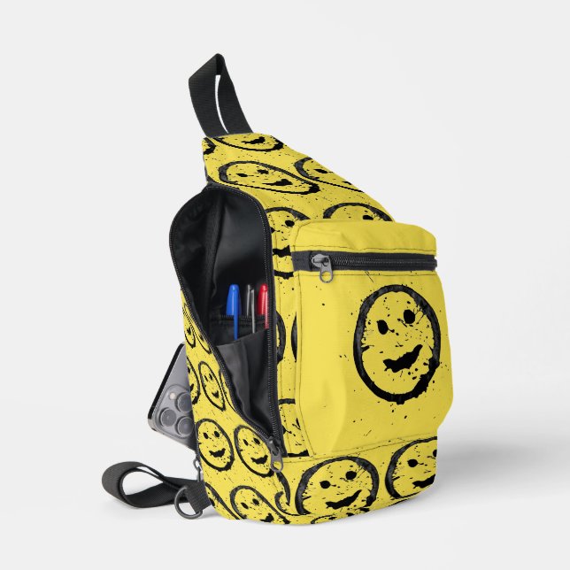 Sac À Bandoulière Cool Sardé Joyeux visage souriant motif jaune (Ouvrir)
