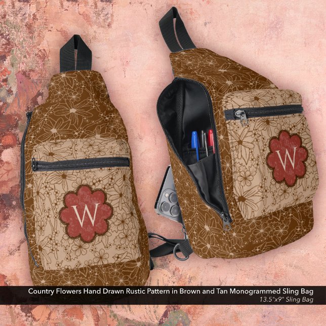 Sac À Bandoulière Country Girl Rustique motif floral rouge Brown (Sling Bag: Country Flowers Hand Drawn Rustic Pattern in Brown and Tan with a Brick Red Monogram)