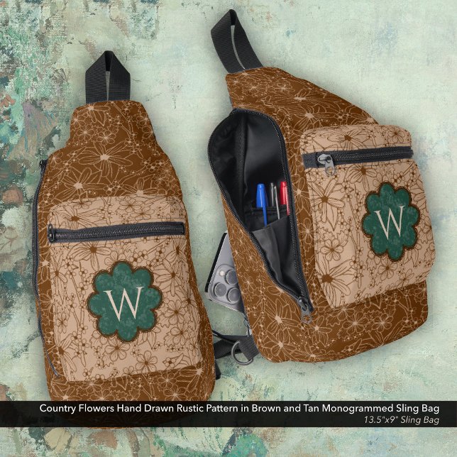 Sac À Bandoulière Country Girl Rustique motif floral vert Brown (Sling Bag: Country Flowers Hand Drawn Rustic Pattern in Brown and Tan with a Forest Green Monogram)