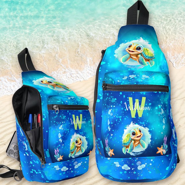 Sac À Bandoulière Cute Happy Turtle Boy Ocean Blue Nom (Cute Happy Turtle Boy Ocean Blue Name Sling Bag)