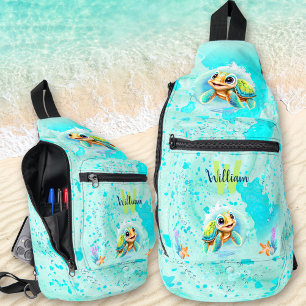 Sac À Bandoulière Cute Sea Turtle Boy Ocean Turquoise Nom du monogra