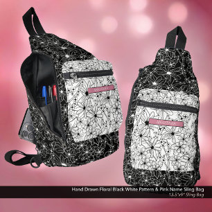 Sac À Bandoulière Daisy Fleur sauvage noir blanc Motif et rose Nom