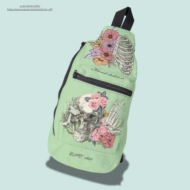 Sac À Bandoulière Doux aquarelle personnalisée Crâne floral vert (Créateur téléchargé)