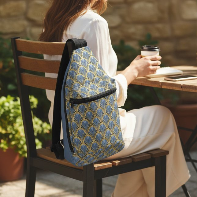 Sac À Bandoulière Elégant Blue Gold Art Déco Motif Vintage (Créateur téléchargé)