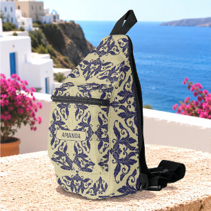 Sac À Bandoulière Élégant damas vintage bleu marine jaune monogramme