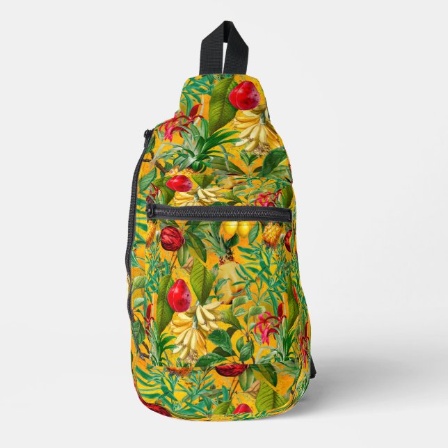 Sac À Bandoulière Elégant jaune fruits feuille tropicaux imprimés (Recto)