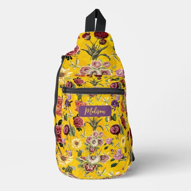 Sac À Bandoulière Élégant jaune Motif floral monogramme imprimé (Recto)