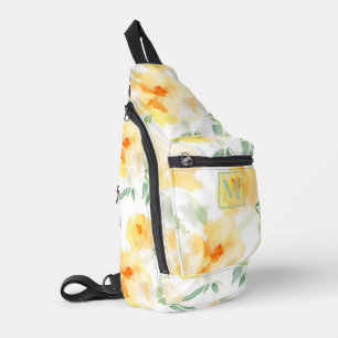 Sac À Bandoulière Elégant jaune pêche orange aquarelle fleurie