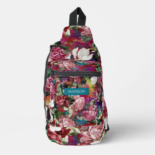 Sac À Bandoulière Élégant rose fleurs rouge motif monogramme imprimé