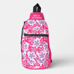 Sac À Bandoulière Fleur tropicale rose violet Nom personnalisé