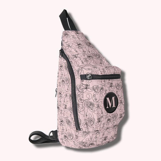 Sac À Bandoulière Fleurs et faces rose monogramme (Flowers and Faces Monogrammed Pink Sling Bag)
