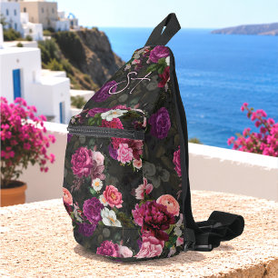 Sac À Bandoulière Fleurs roses élégantes monogramme noir imprimé